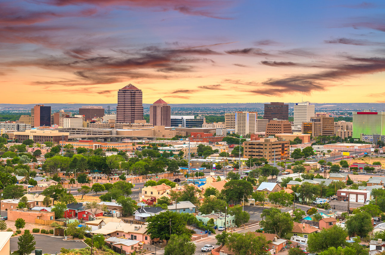 Aerial view of downtown Albuquerque, Mew Mexico skyline at sunset.
