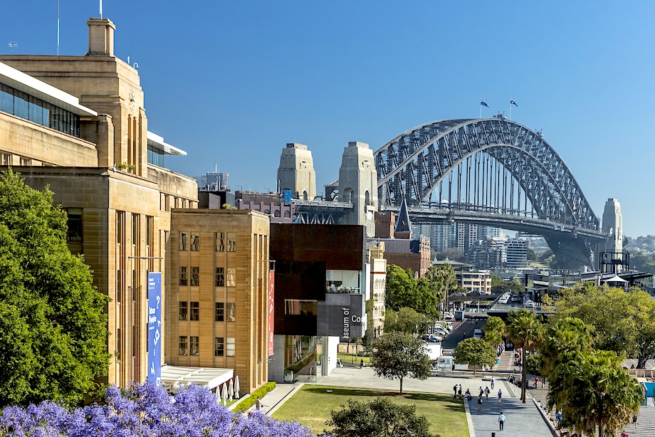 Vibrant Jacaranda trees in spring bloom at Circular Quay, Sydney