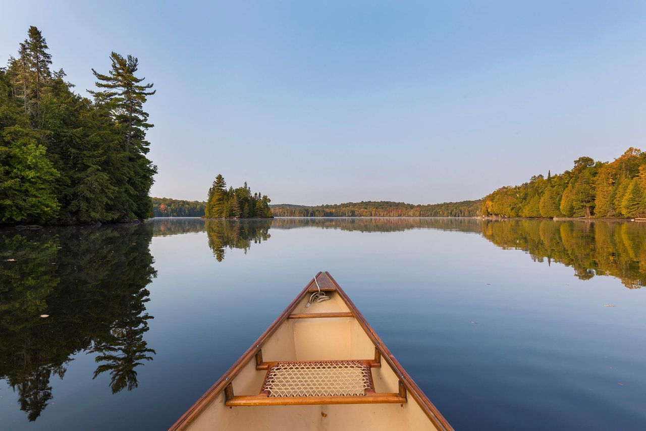 canoe prow on the water lined with coniferous trees