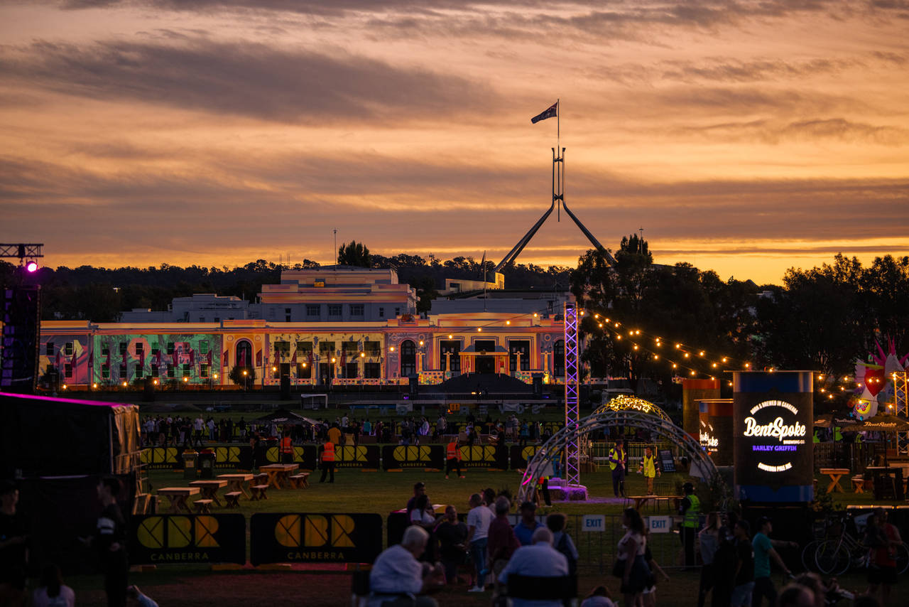 Views of Old Parliament House and its surrounding lawns as part of Enlighten Festival 2021.